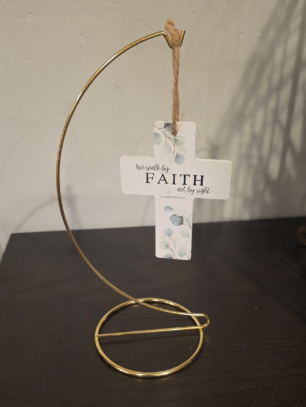 Hanging Faith Cross Ornament - White with Green Leaf Accent